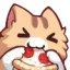 A cute cartoon cat with closed eyes happily eating a slice of pepperoni pizza.