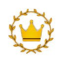Golden crown centered inside a circular golden laurel wreath against a black background.