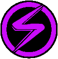 Lightning bolt symbol in purple on a black circular background.