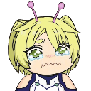 Anime girl with blonde hair and pink alien antennae crying with large, teary green eyes.