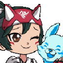 Kiriko winking while hugging her blue spirit fox in a cute anime art style.