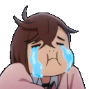 Momo crying with large blue tears streaming down her face.