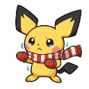 Pichu with teary eyes wearing a red and white striped scarf and mittens while shivering.