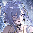 Selene with blue hair winking with a playful and elegant expression.