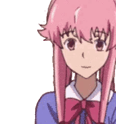 Yuno Gasai with pink hair smiling and waving her hand.