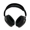 Black headphones centered on a bright blue background.