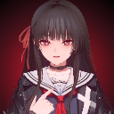 Anime girl with long dark hair and red eyes pointing at her chest against a dark red background.
