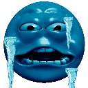 A blue 3D face with a shocked expression and icicles hanging from its chin and cheeks.