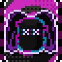 Masked figure with X eyes and neon purple glitch effects.