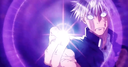 Satoru Gojo unleashing a glowing purple energy blast from his hand with an intense expression.