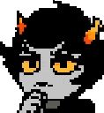 Kanaya Maryam with a skeptical expression and her hand to her chin in pixel art style.
