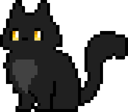 A small black pixel art cat with glowing yellow eyes sitting and looking forward.