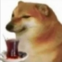Cheems the dog looking smug while holding a glass of dark tea.