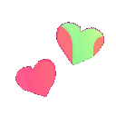 Four pixelated hearts in various colors of pink, green, and blue, each featuring a unique dripping or melting effect.