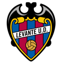Levante U.D. football club crest featuring a shield with red and blue stripes, a gold soccer ball, and a black background.