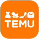Temu logo featuring white icons of a dress, rocking horse, shoe, and bag above the text TEMU on an orange background.