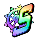 A stylized rainbow-colored letter S positioned next to a spinning ship wheel.