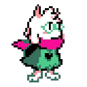 Ralsei the goat prince peeking from the side with a shy, happy expression.