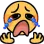 Yellow emoji face with a wide open mouth and large blue tears streaming down its cheeks.