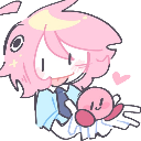 Anime character smiling while holding a small pink Kirby figure.