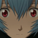 Rei Ayanami with blue hair and large red eyes staring intensely forward.