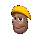 A 3D brown bean-shaped character wearing a yellow hat blinks and shifts its eyes in a sequence.