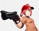 Anime girl wearing a red hat pointing a large black revolver at the viewer.