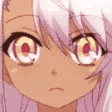 Anime girl with light hair and large yellow eyes staring intensely.