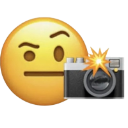A yellow skeptical emoji face with a raised eyebrow next to a camera with a bright flash.