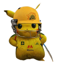 Pikachu wearing a yellow cricket helmet and jersey with a serious expression.