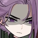 Character with purple hair looking annoyed with heavy shading over their eyes.