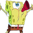 SpongeBob SquarePants blowing a red party horn with his arms raised in excitement.