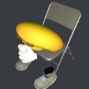 A yellow emoji head with cartoon hands and sneakers sitting on a silver folding chair.