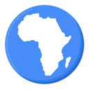 Africa continent silhouette in white on a blue circular background.