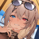 Anime girl with heterochromia and sunglasses wearing a smug, mischievous expression.