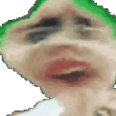 A human face with heavily distorted, warped features and bright red lips against a green background.