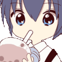Anime girl with blue hair sipping bubble tea with a straw.