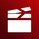 A white broken film clapperboard icon centered on a solid red background.
