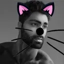 GigaChad face wearing pink cat ears and drawn-on whiskers with a stoic expression.