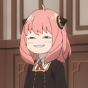 Anya Forger with a smug, closed-eye smirk and a mischievous expression.