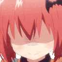 Satania from Gabriel DropOut transitions from a neutral expression to a wide, smug, and mischievous grin.
