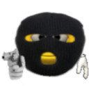 A yellow smiley face wearing a black balaclava holds a small silver gun.