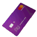 A purple Nubank credit card spinning in a 3D space.