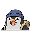 Penguin wearing a blue beanie and backpack with a shocked expression.