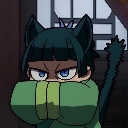 A cat-eared anime character with a grumpy expression holding their fists up in a fighting stance.