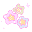 Three pastel-colored stars with sparkling effects floating together.