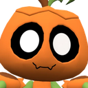 Gourdy the pumpkin character with large white eyes and a small smirk.
