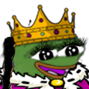 Pepe the Frog wearing a large golden crown and purple royal robes with a happy, smug expression.