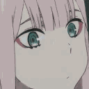 Zero Two with a blank, confused expression and wide eyes.