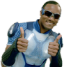 A-Train wearing sunglasses and a blue superhero suit giving a double thumbs up.